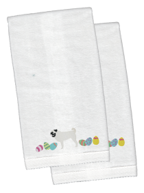 Pug Easter Dog Design White Embroidered Plush Hand Towel Set of 2