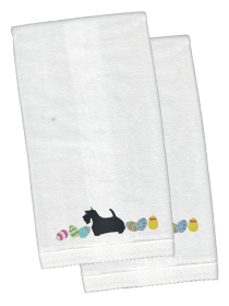 Scottish Terrier Easter Dog Design White Embroidered Plush Hand Towel Set of 2