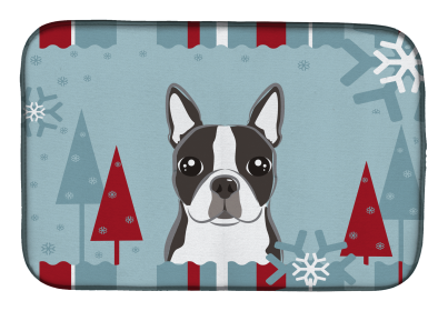 Boston Terrier Winter Holiday Dish Drying Mat