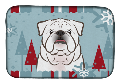 English Bulldog - White Winter Holiday Dish Drying Mat