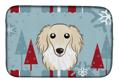 Dachshund - Longhair - Cr me Winter Holiday Dish Drying Mat