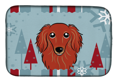 Dachshund - Longhair - Red Winter Holiday Dish Drying Mat