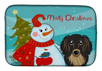 Dachshund - Longhair - Black and Tanand Snowman Dish Drying Mat