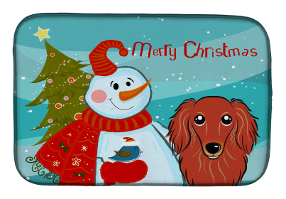 Dachshind - Longhair - Red and Snowman Dish Drying Mat