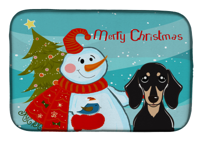 Dachshund - Black and Tan and Snowman Dish Drying Mat