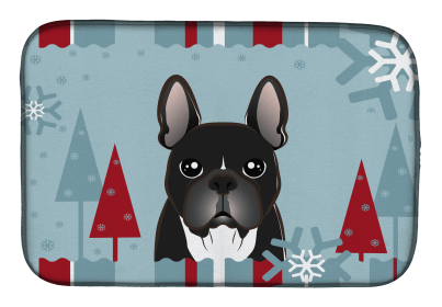 French Bulldog - Black Winter Holiday Dish Drying Mat