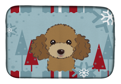 Poodle - Chocolate Winter Holiday Dish Drying Mat