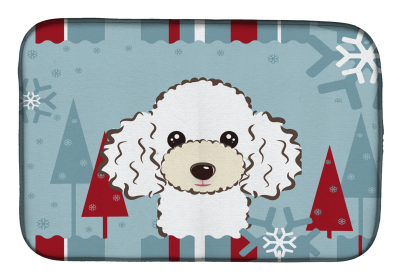 Poodle - White Winter Holiday Dish Drying Mat