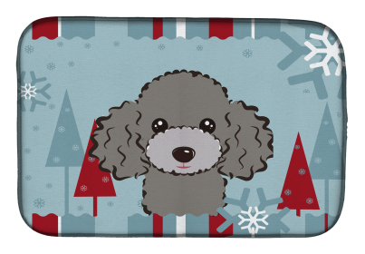 Poodle - Silver Winter Holiday Dish Drying Mat