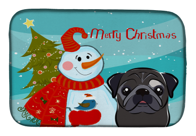 Pug - Black and Snowman Dish Drying Mat