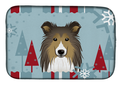 Sheltie Winter Holiday Dish Drying Mat