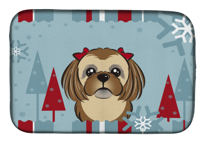 Shih Tzu - Chocolate Winter Holiday Dish Drying Mat