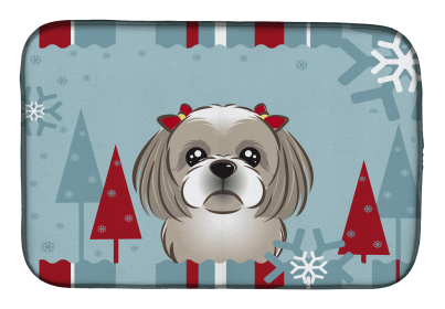 Shih Tzu - Silver Winter Holiday Dish Drying Mat