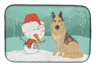 German Shepherd and Snowman Christmas Dish Drying Mat