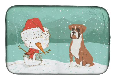 Boxer - Fawn and Snowman Christmas Dish Drying Mat