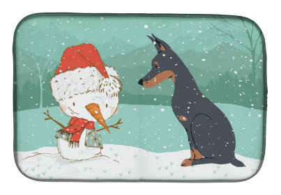 Doberman and Snowman Christmas Dish Drying Mat