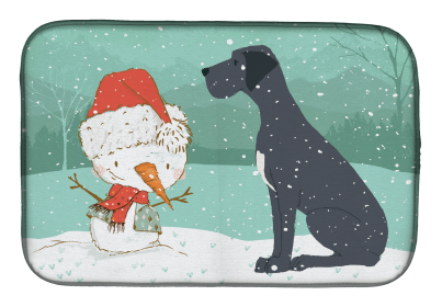 Great Dane - Black and Snowman Christmas Dish Drying Mat