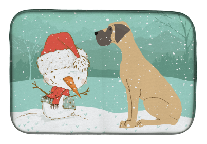 Great Dane - Natural Ears - Fawn and Snowman Christmas Dish Drying Mat