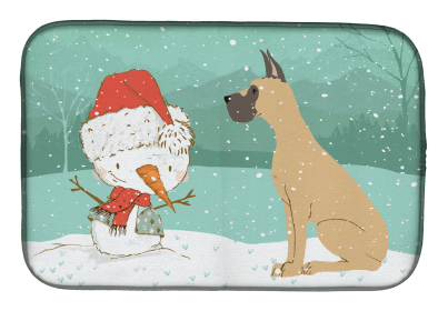 Great Dane - Cropped Ears - Fawn and Snowman Christmas Dish Drying Mat