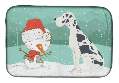 Great Dane - Harlequin and Snowman Christmas Dish Drying Mat