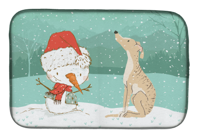 Greyhound - Brindle and Snowman Christmas Dish Drying Mat