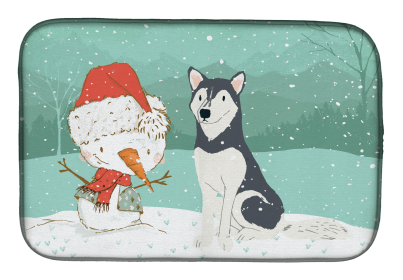 Siberian Husky and Snowman Christmas Dish Drying Mat