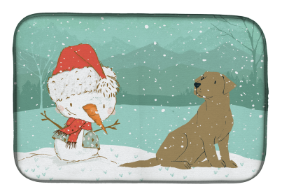 Labrador Retriever - Chocolate  and Snowman Christmas Dish Drying Mat