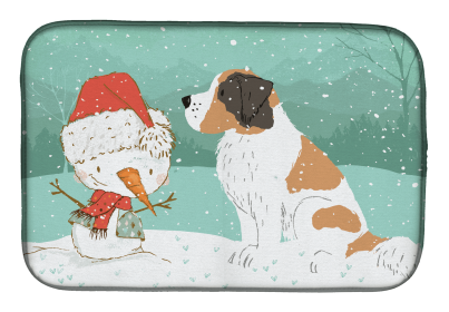 Saint Bernard and Snowman Christmas Dish Drying Mat