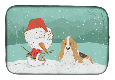 Basset Hound and Snowman Christmas Dish Drying Mat