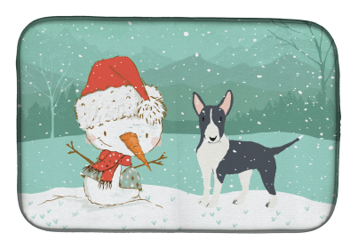 Bull Terrier - Black and Snowman Christmas Dish Drying Mat