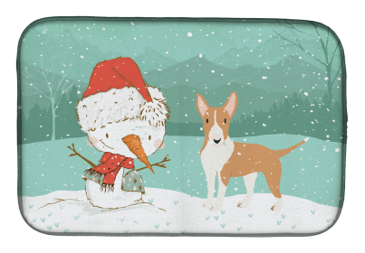 Bull Terrier - Fawn and Snowman Christmas Dish Drying Mat