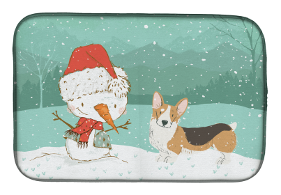 Corgi - Pembroke - Tricolor and Snowman Christmas Dish Drying Mat