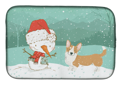 Corgi - Cardigan - Red and Snowman Christmas Dish Drying Mat