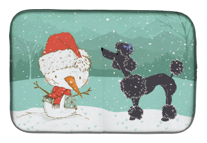 Poodle - Black and Snowman Christmas Dish Drying Mat