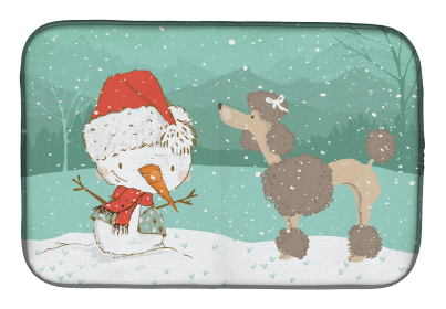 Poodle - Chocolate and Snowman Christmas Dish Drying Mat