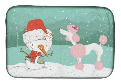 Poodle - Pink and Snowman Christmas Dish Drying Mat