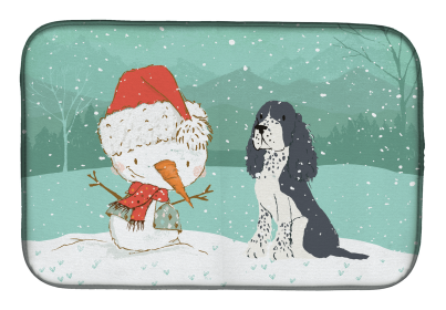 English Springer Spaniel - Black and Snowman Christmas Dish Drying Mat