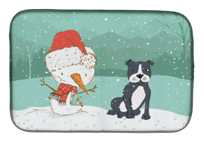 Staffordshire Bull Terrier - Black and Snowman Christmas Dish Drying Mat