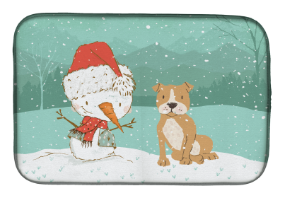 Staffordshire Bull Terrier - Brown and Snowman Christmas Dish Drying Mat