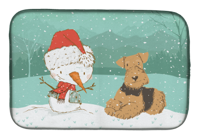 Airedale Terrier and Snowman Christmas Dish Drying Mat