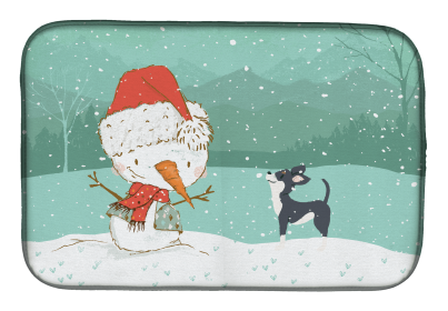 Chihuahua - Black and Snowman Christmas Dish Drying Mat