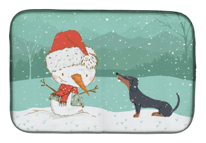 Dachshund - Black and Tan and Snowman Christmas Dish Drying Mat