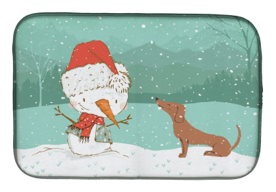 Dachshund - Red and Snowman Christmas Dish Drying Mat