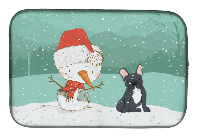 French Bulldog - Black and Snowman Christmas Dish Drying Mat