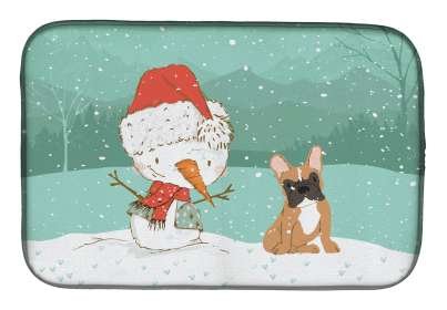 French Bulldog - Fawn and Snowman Christmas Dish Drying Mat