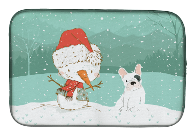 French Bulldog - Piebald and Snowman Christmas Dish Drying Mat