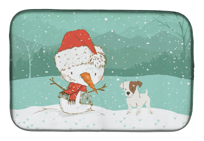 Jack Russell Terrier and Snowman Christmas Dish Drying Mat