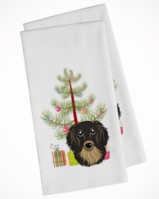 Dachshund - Longhair - Black and Tan - Christmas Tree White Kitchen Towel Set of 2