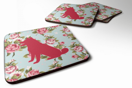 Shiba Inu 1 Chic Blue Roses Foam Coaster