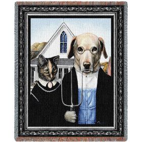 Animal Gothic - Grant Wood's American Gothic Parody - Cotton Woven Blanket Throw